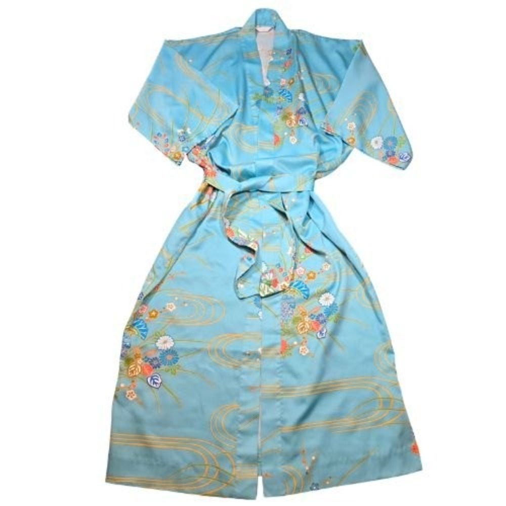 Vintage Japanese Kimono Robe Light Blue Floral Wave Print Traditional Yukata